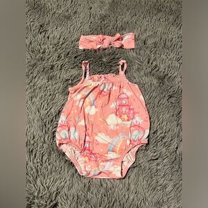 Posh Peanut Castle Bamboo Sleeveless Bubble Romper 0/3 & Headwrap Bundle